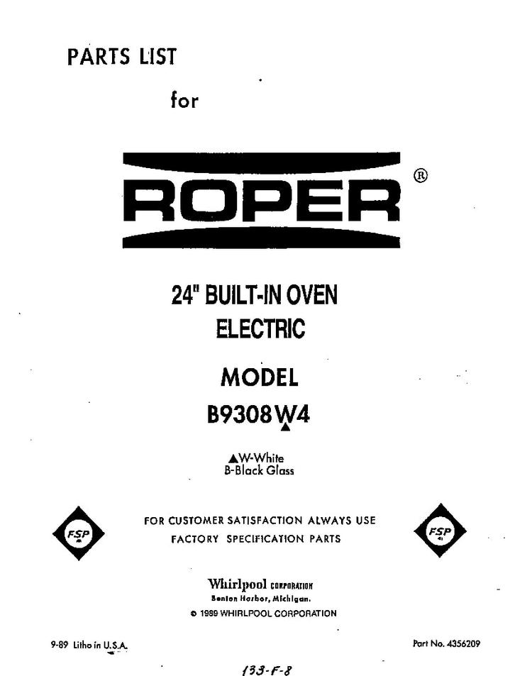 Front Cover Diagram and Parts List for B9308*4  Roper Range