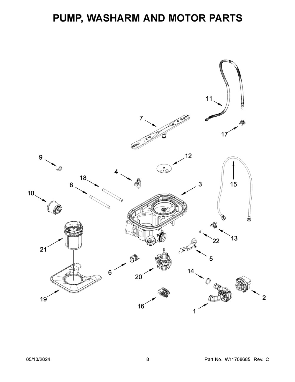 Pump, Washarm And Motor Parts Diagram and Parts List for KDTF324PPA0  KitchenAid Dishwasher