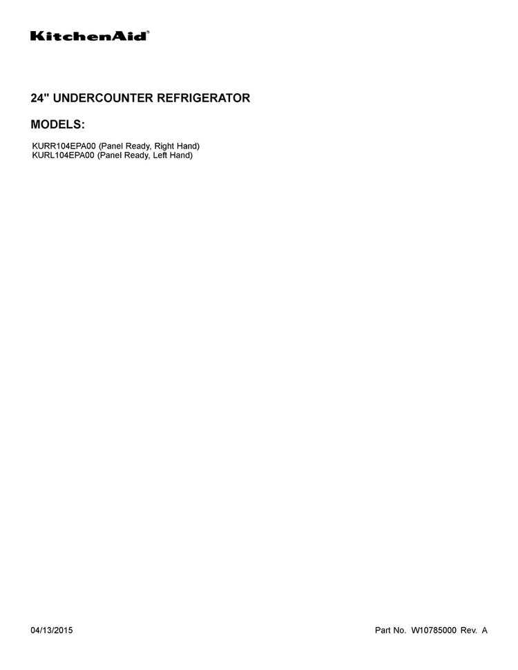 Cover Sheet Diagram and Parts List for KURR104EPA00  KitchenAid Refrigerator