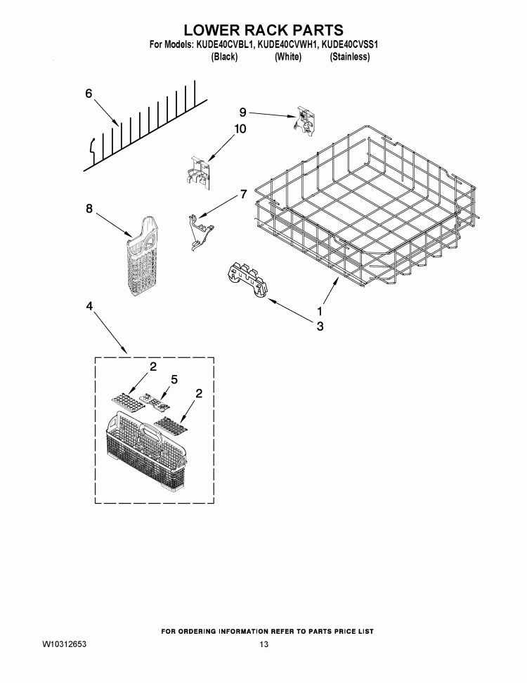 LOWER RACK PARTS Diagram and Parts List for KUDE40CVSS1  KitchenAid Dishwasher