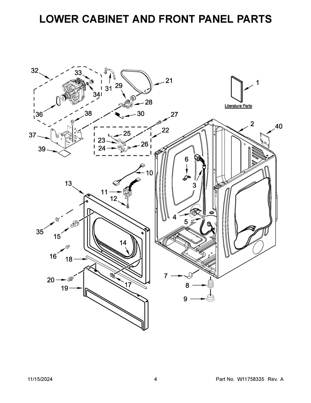 03 - Lower Cabinet And Front Panel Parts Diagram and Parts List for MLE27PDFYW0  Whirlpool Dryer