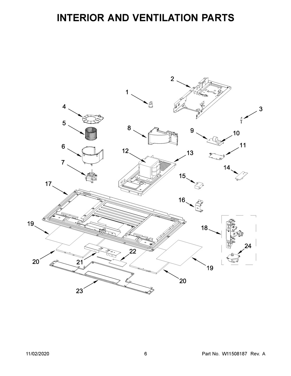 Interior And Ventilation Parts Diagram and Parts List for WML55011HS6  Whirlpool Microwave Oven Combo