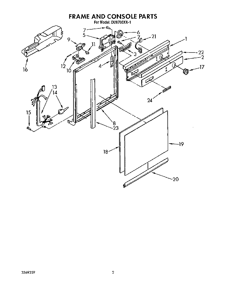 FRAME AND CONSOLE Diagram and Parts List for DU8100XX1  Whirlpool Dishwasher