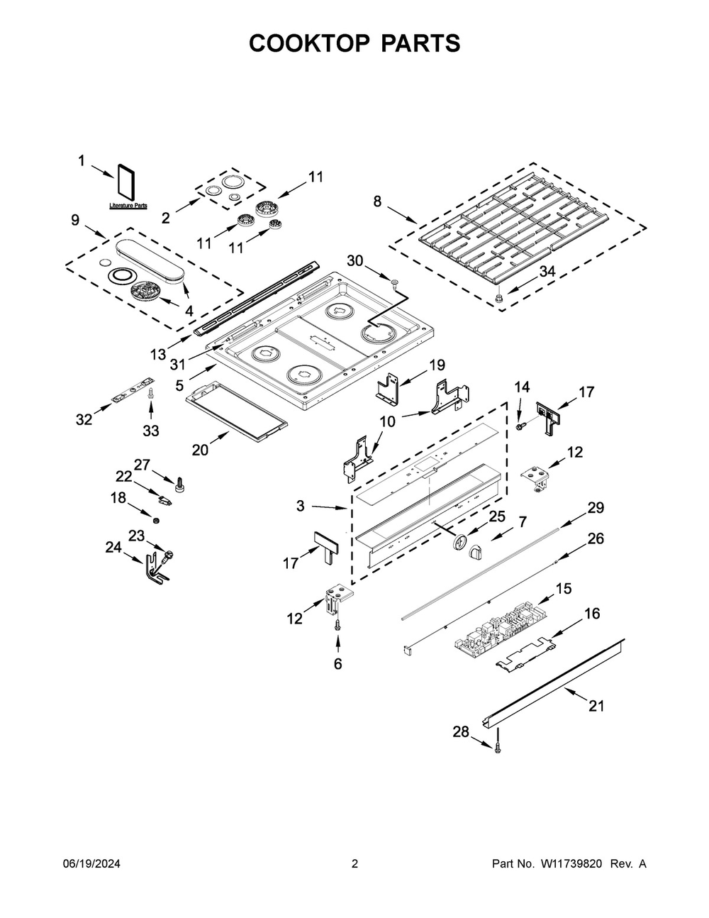 02 - Cooktop Parts Diagram and Parts List for WEG750H0HB6  Whirlpool Range