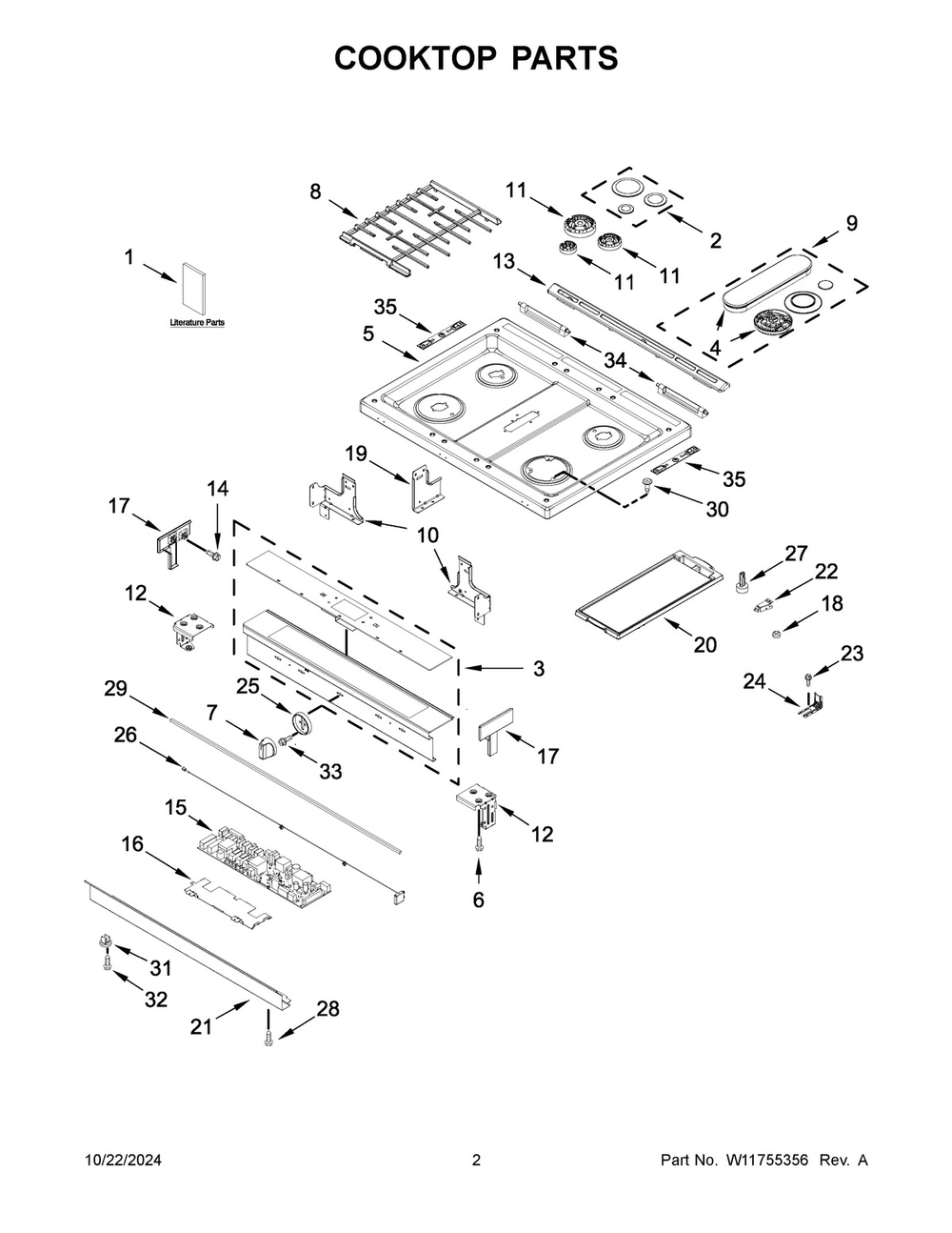 02 - Cooktop Parts Diagram and Parts List for WEG750H0HV7  Whirlpool Range