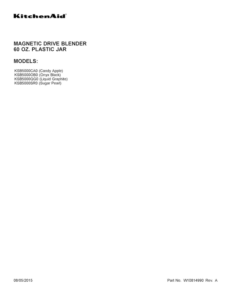 Cover Sheet Diagram and Parts List for KSB5000OB0  KitchenAid Blender