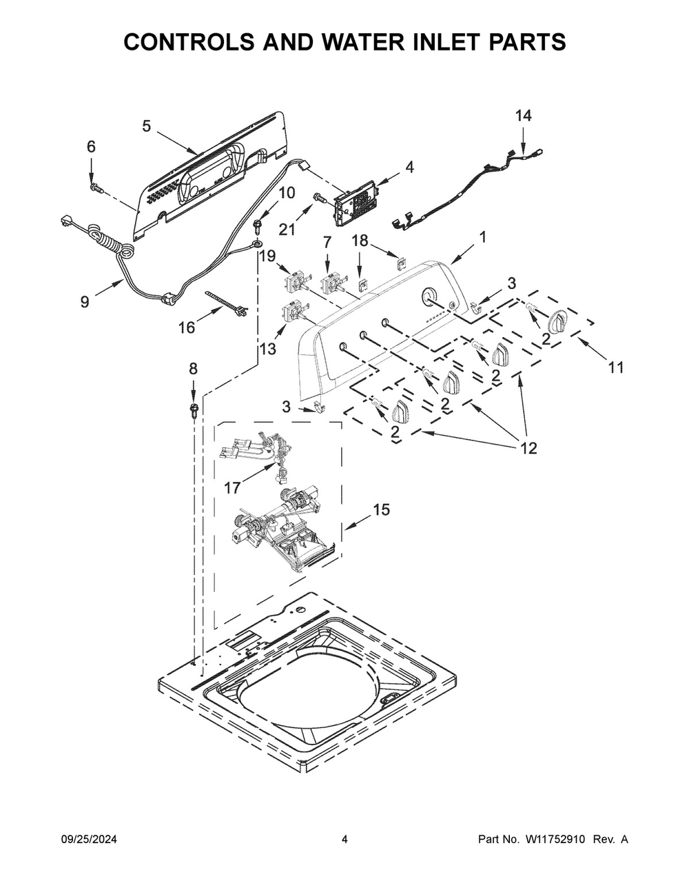 03 - Controls And Water Inlet Parts Diagram and Parts List for VWW3809RW0  Whirlpool Washer