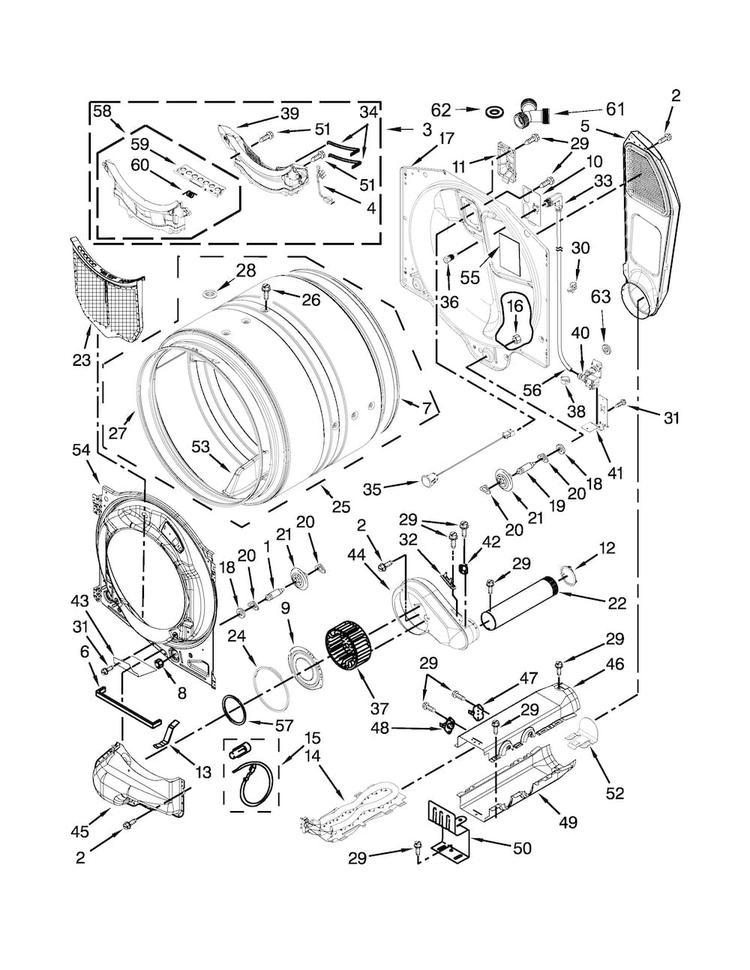 Bulkhead Parts Diagram and Parts List for WED87HEDW1  Whirlpool Dryer