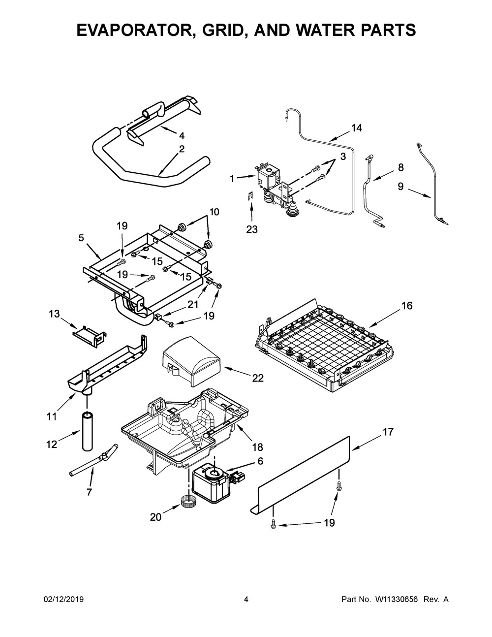 Evaporator, Grid, And Water Parts Diagram and Parts List for KUIO338HSS00  Whirlpool Ice Maker