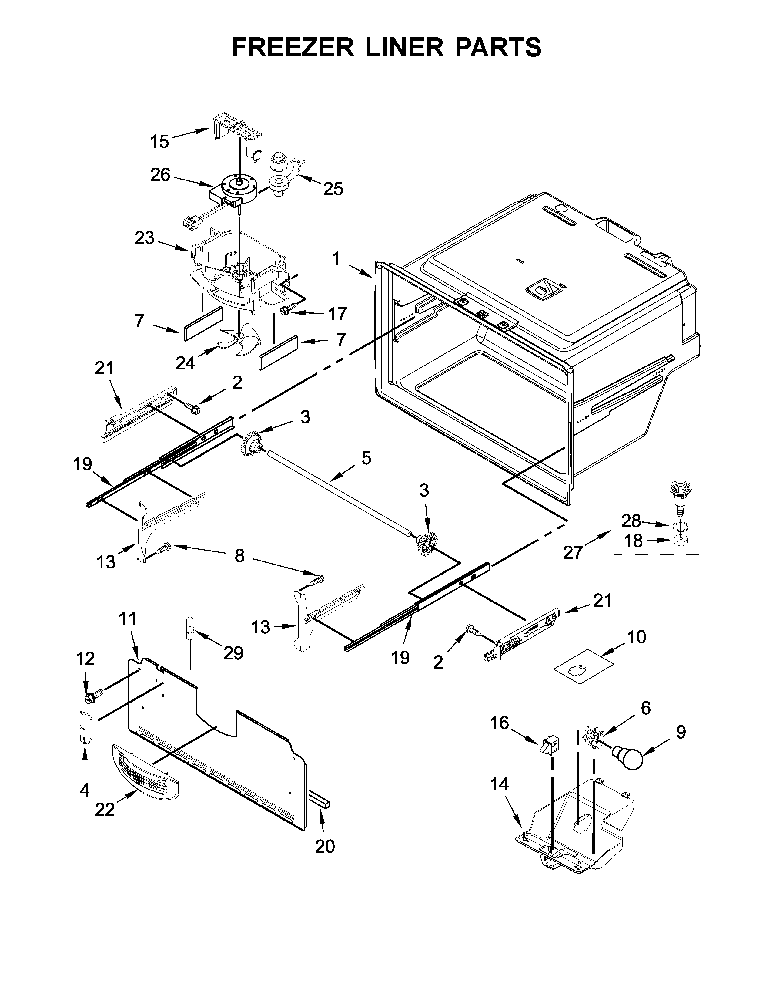 Freezer Liner Parts Diagram and Parts List for IX7DDEXGZ000  Whirlpool Refrigerator