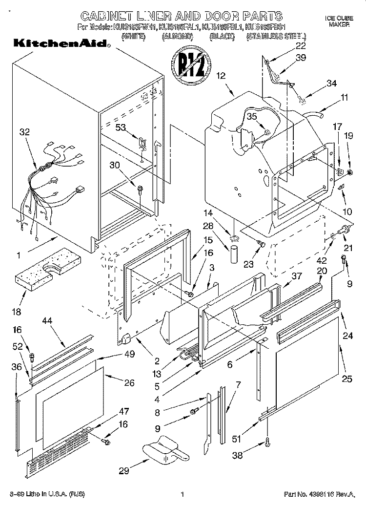 CABINET, LINER AND DOOR, LITERATURE Diagram and Parts List for KUIS185FBL1  KitchenAid Ice Maker