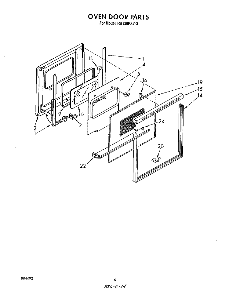 OVEN DOOR Diagram and Parts List for RB130PXV3  Whirlpool Wall Oven