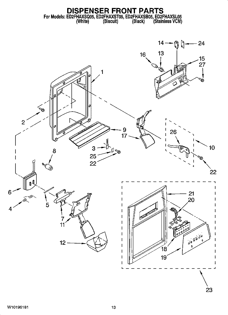 DISPENSER FRONT PARTS Diagram and Parts List for ED2FHAXST05  Whirlpool Refrigerator