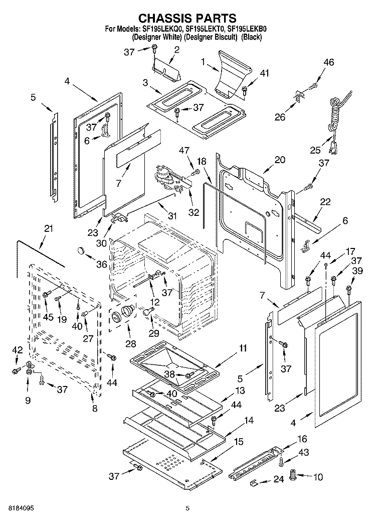 CHASSIS Diagram and Parts List for SF195LEKT0  Whirlpool Range