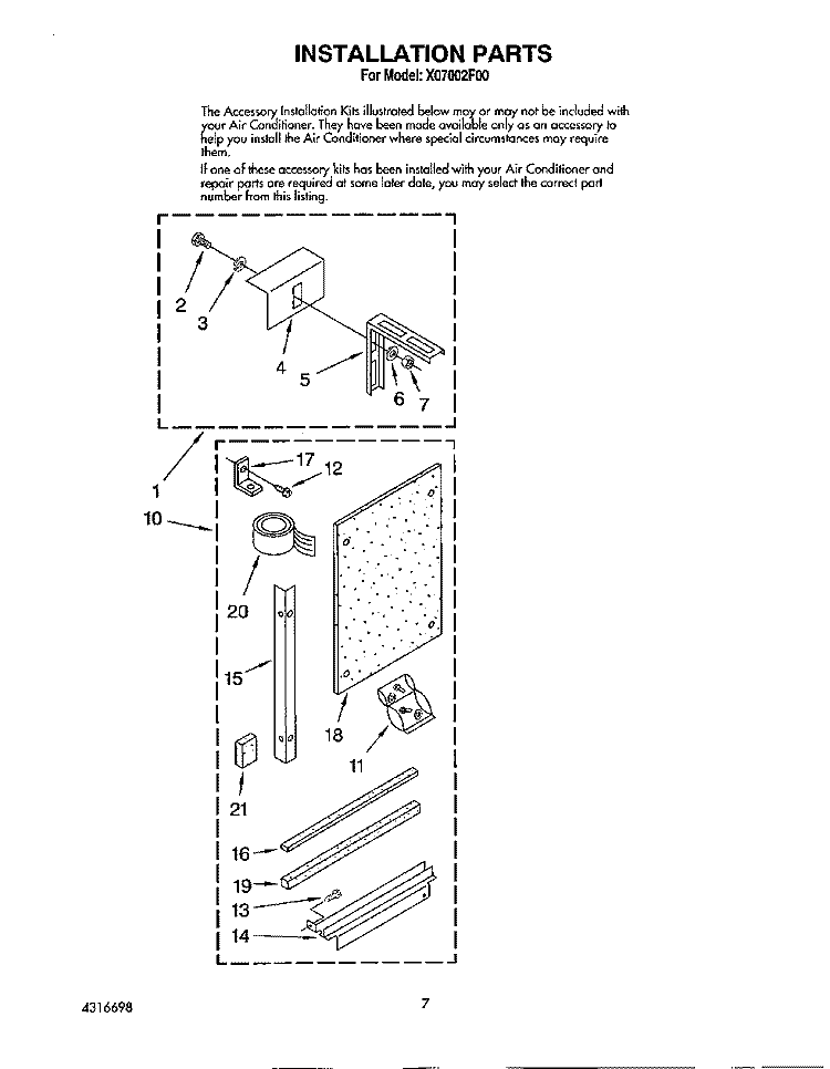 INSTALLATION Diagram and Parts List for X07002F00  Roper Air Conditioner