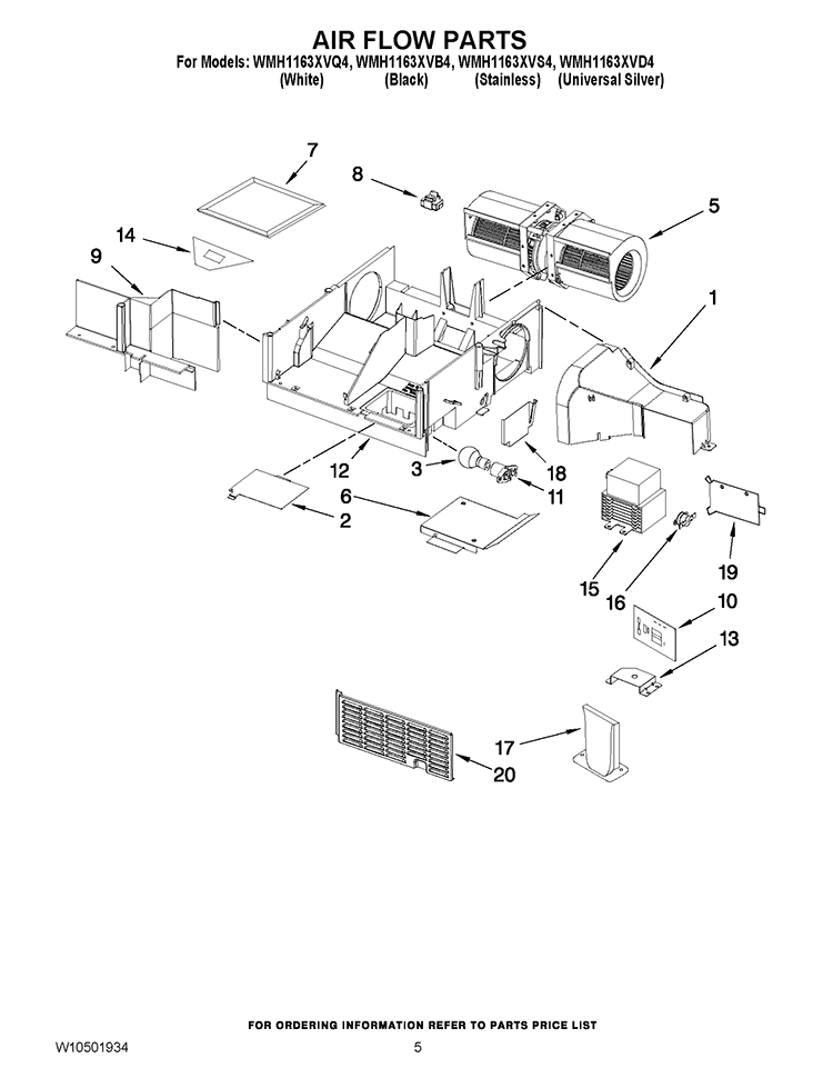 AIR FLOW PARTS Diagram and Parts List for WMH1163XVD4  Whirlpool Microwave