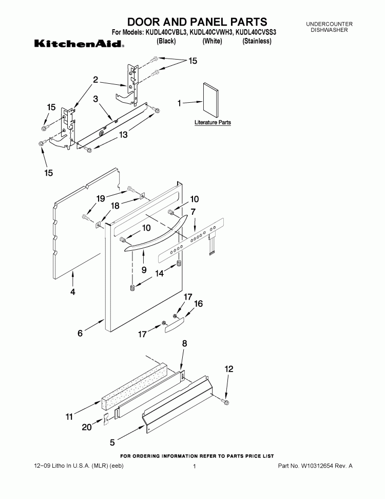 DOOR AND PANEL PARTS Diagram and Parts List for KUDL40CVBL3  KitchenAid Dishwasher
