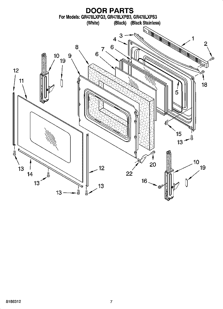DOOR PARTS, OPTIONAL PARTS Diagram and Parts List for GR478LXPQ3  Whirlpool Range