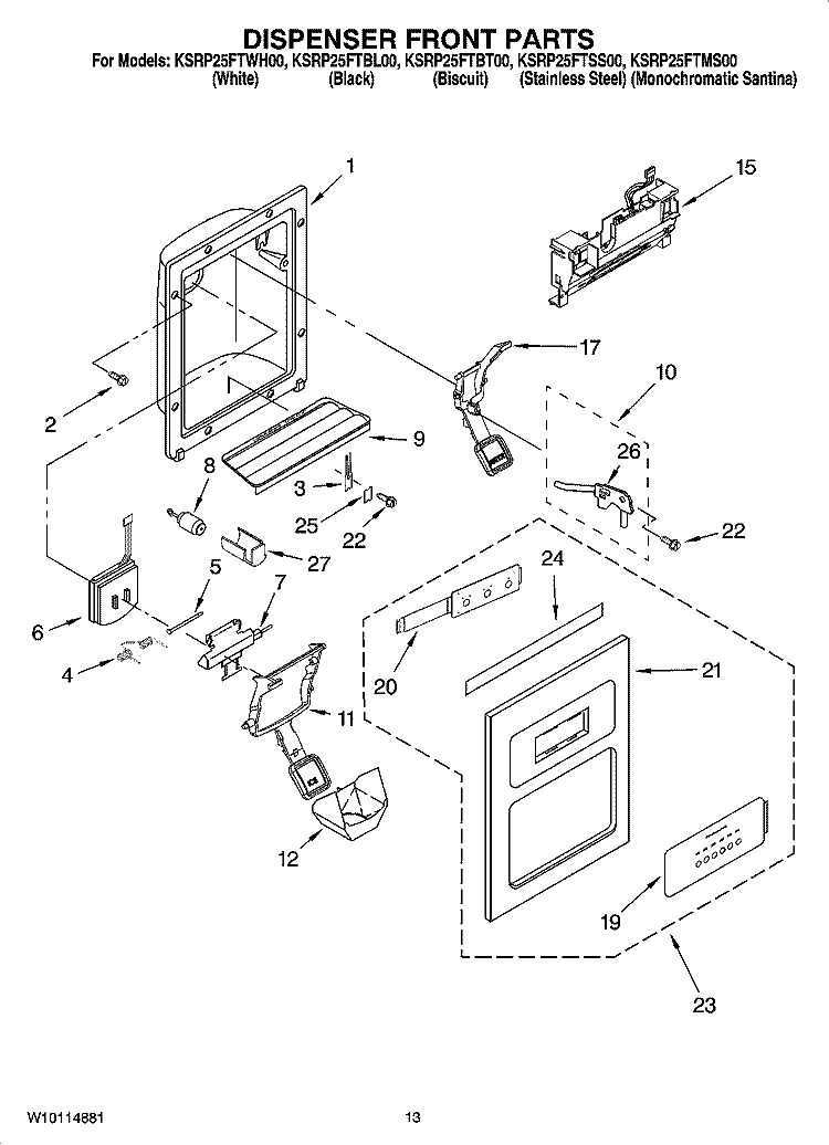 DISPENSER FRONT PARTS Diagram and Parts List for KSRP25FTWH00  KitchenAid Refrigerator