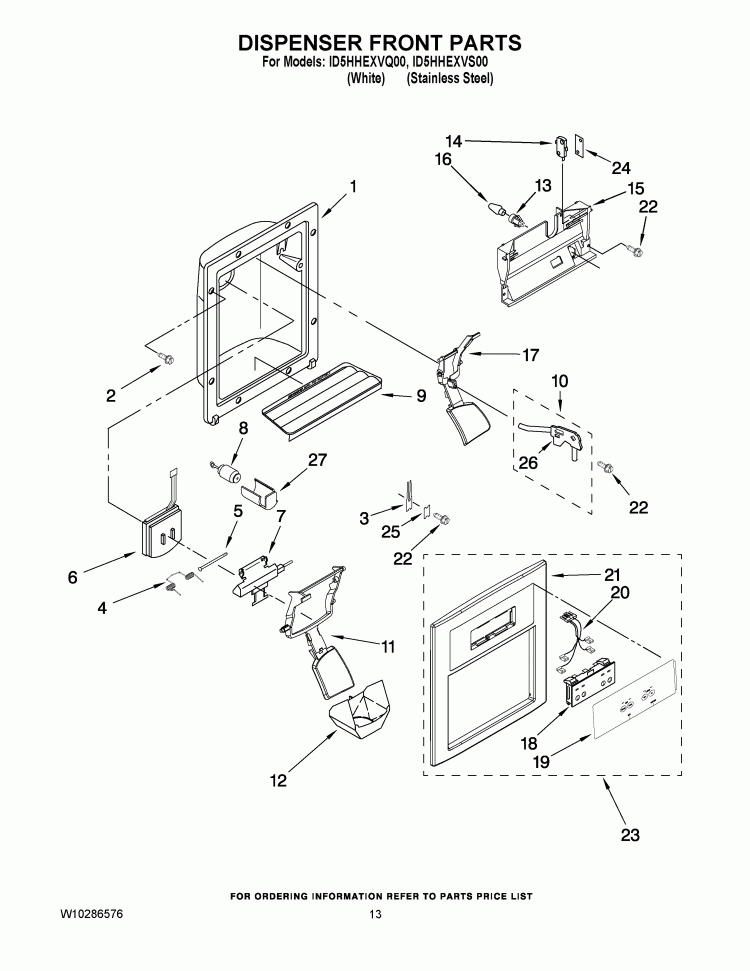 DISPENSER FRONT PARTS Diagram and Parts List for ID5HHEXVQ00  Whirlpool Refrigerator