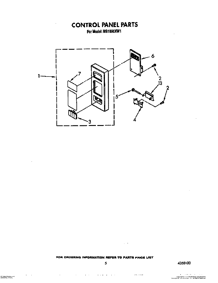 CONTROL PANEL Diagram and Parts List for MS1650XW1  Whirlpool Microwave