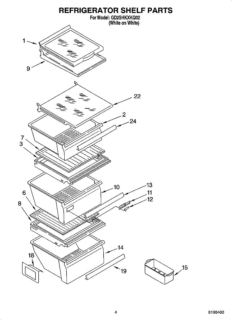 REFRIGERATOR SHELF PARTS Diagram and Parts List for GD2SHKXKQ02  Whirlpool Refrigerator