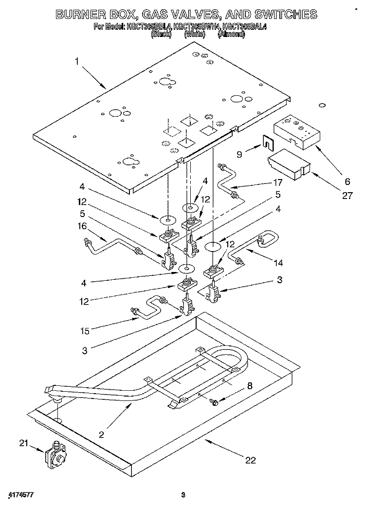 BURNER BOX, GAS VALVES, AND SWITCHES Diagram and Parts List for KGCT305BBL4  KitchenAid Cooktop