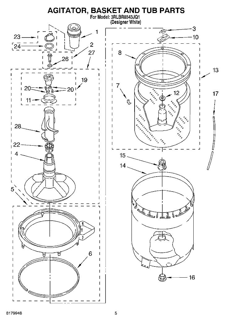AGITATOR, BASKET AND TUB PARTS Diagram and Parts List for 3RLBR8543JQ1  Whirlpool Washer