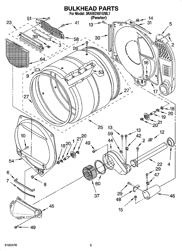 BULKHEAD PARTS Diagram and Parts List for 3RAWZ481GML1  Whirlpool Dryer