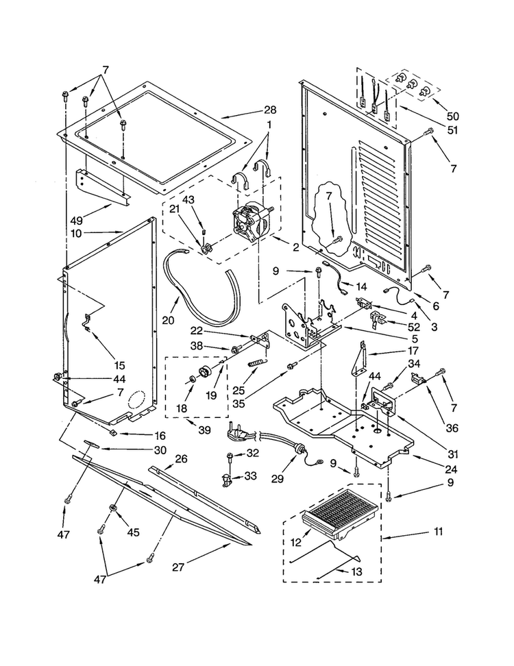 Dryer Cabinet And Motor Diagram and Parts List for 110C92962200  Kenmore Washer Dryer Combo