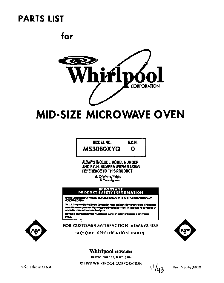 Front Cover Diagram and Parts List for MS3080XY0  Whirlpool Microwave