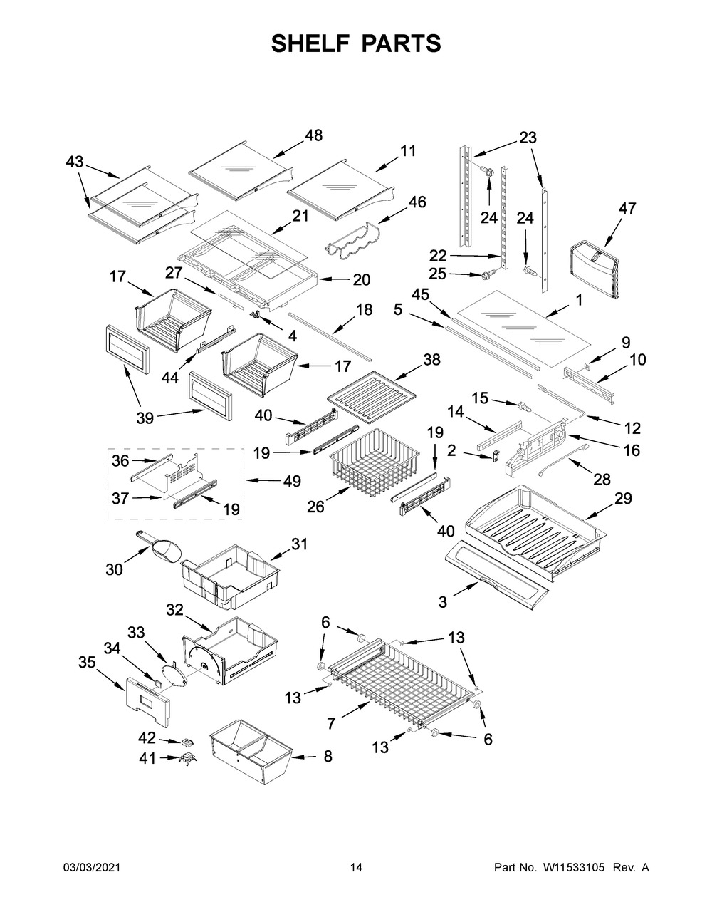 Shelf Parts Diagram and Parts List for KRFC302EPA03  Whirlpool Refrigerator