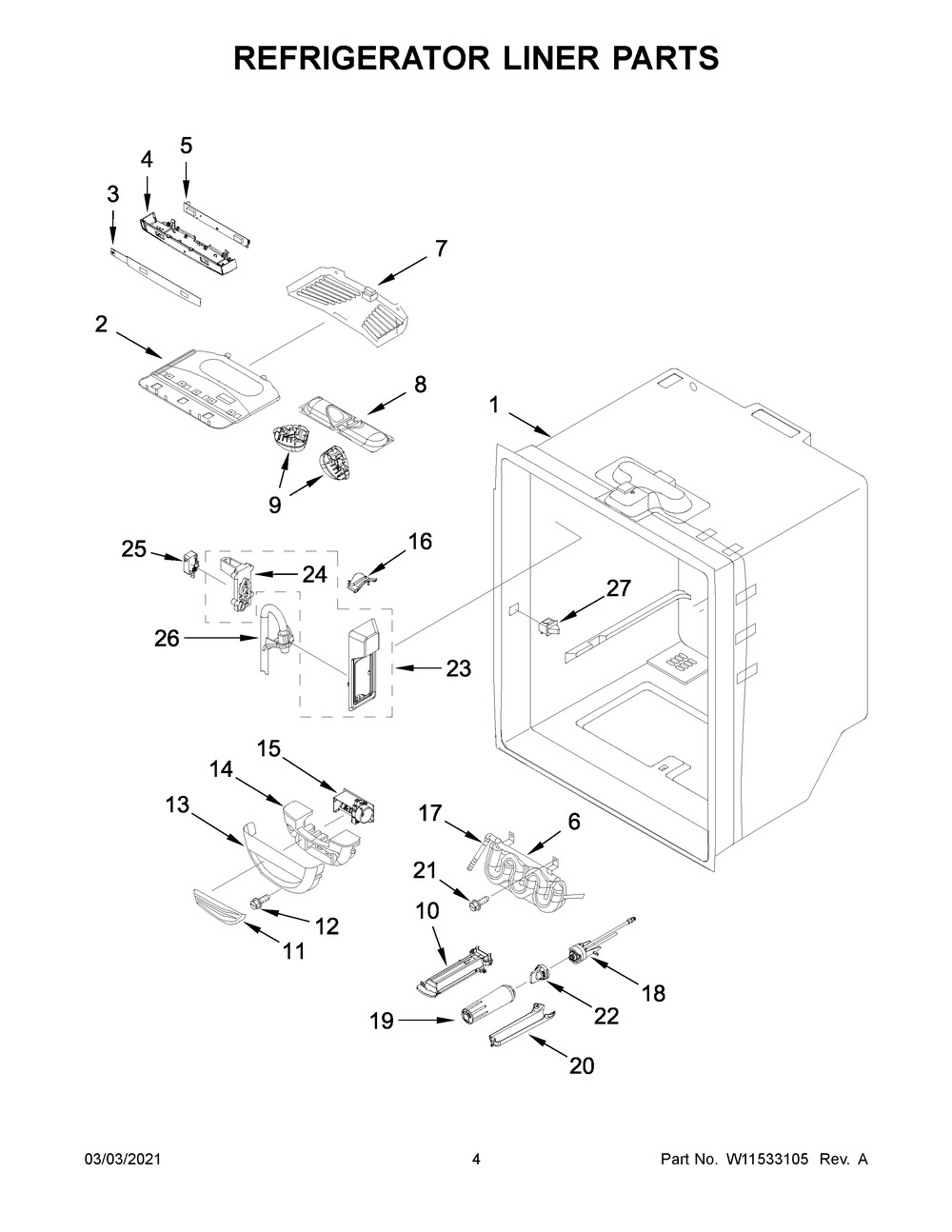 Refrigerator Liner Parts Diagram and Parts List for KRFC302EPA03  Whirlpool Refrigerator