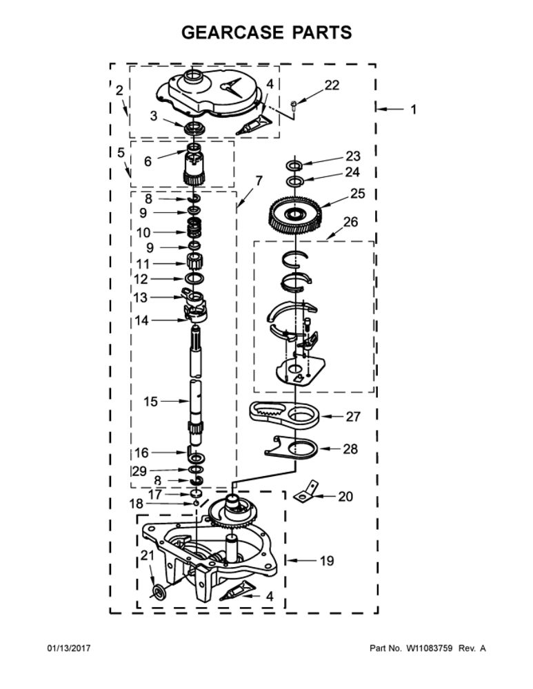 Gearcase Parts Diagram and Parts List for WGT4027EW1  Whirlpool Washer Dryer Combo