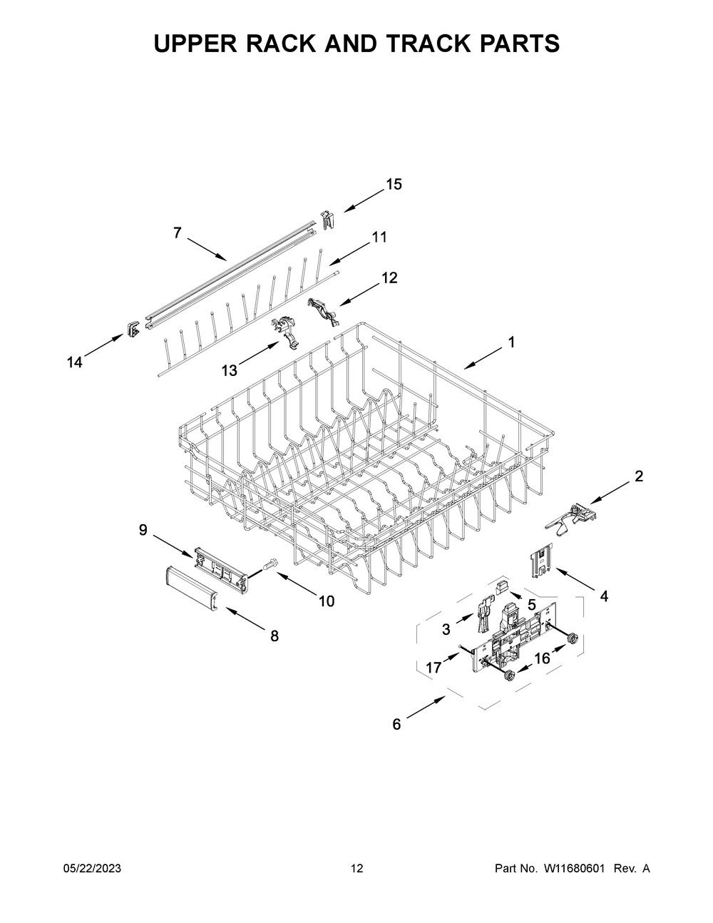Upper Rack And Track Parts Diagram and Parts List for KDPM604KPS2  KitchenAid Dishwasher