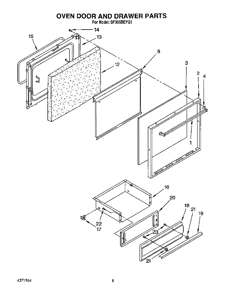 OVEN DOOR AND DRAWER Diagram and Parts List for SF365BEYQ1  Whirlpool Range