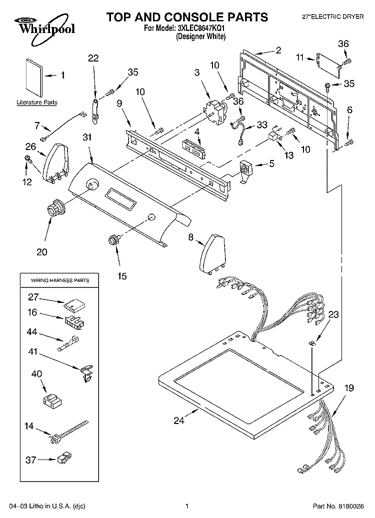 TOP AND CONSOLE PARTS Diagram and Parts List for 3XLEC8647KQ1  Whirlpool Dryer