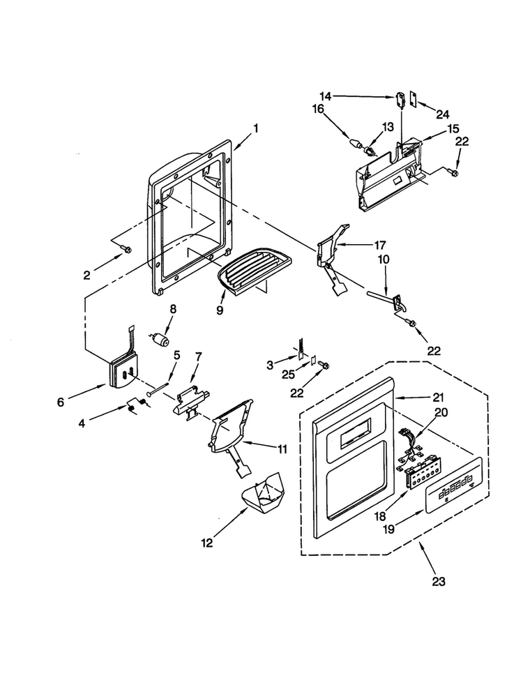Dispenser Front Diagram and Parts List for GD22DFXFT0  Whirlpool Refrigerator