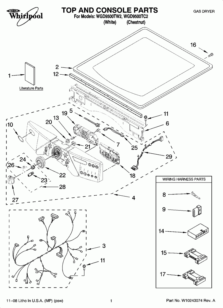 TOP AND CONSOLE PARTS Diagram and Parts List for WGD9500TW2  Whirlpool Dryer