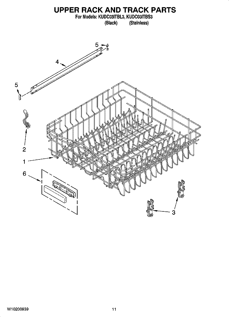 UPPER RACK AND TRACK PARTS Diagram and Parts List for KUDC03ITBS3  KitchenAid Dishwasher