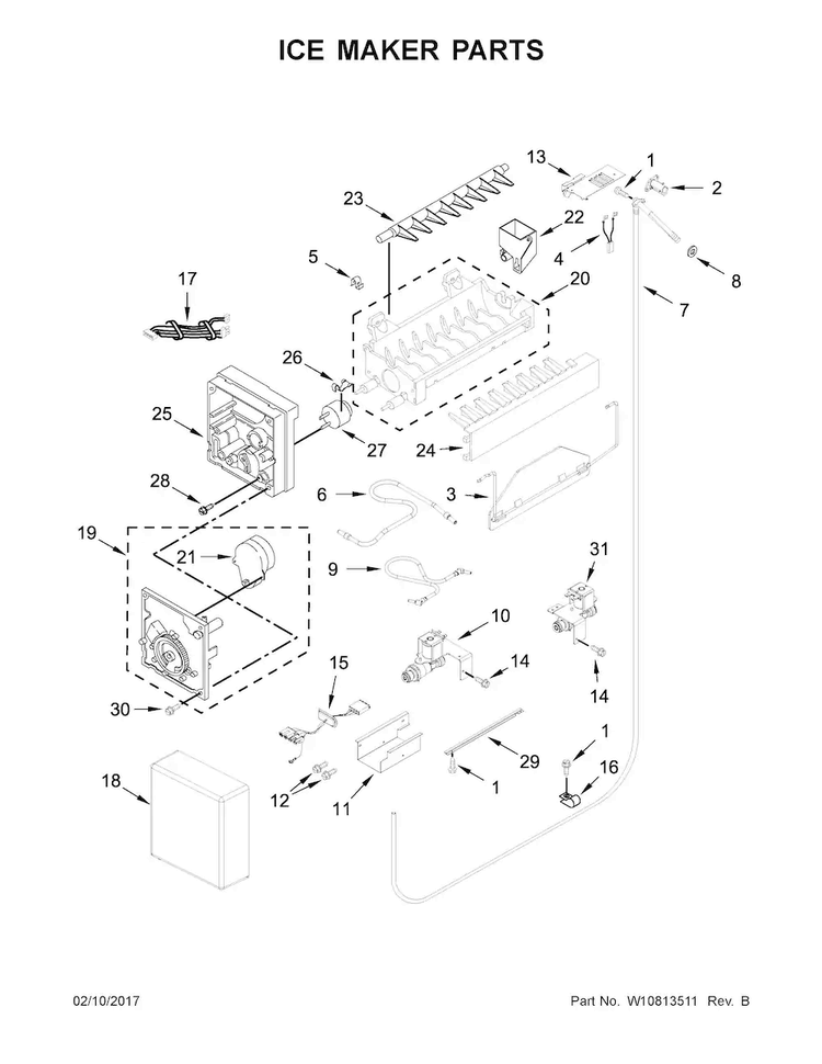 Ice Maker Parts Diagram and Parts List for KBFN502EPA01  KitchenAid Refrigerator