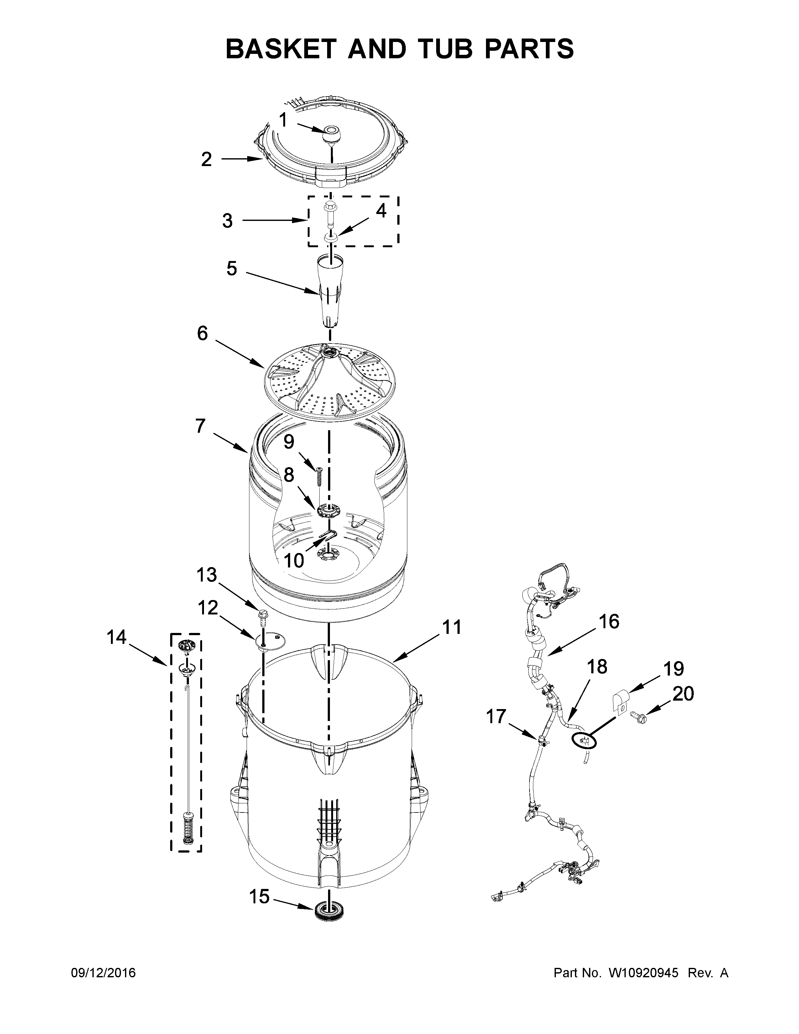 Basket And Tub Parts Diagram and Parts List for 11022342512  Kenmore Washer
