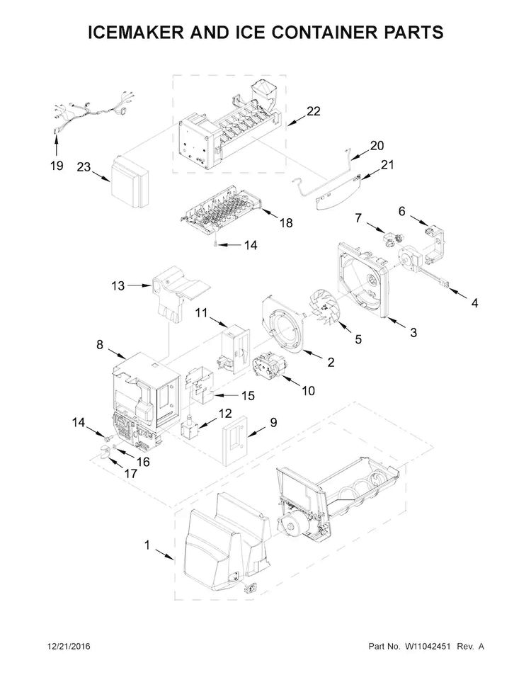 Icemaker And Ice Container Parts Diagram and Parts List for WRX735SDBM04  Whirlpool Refrigerator