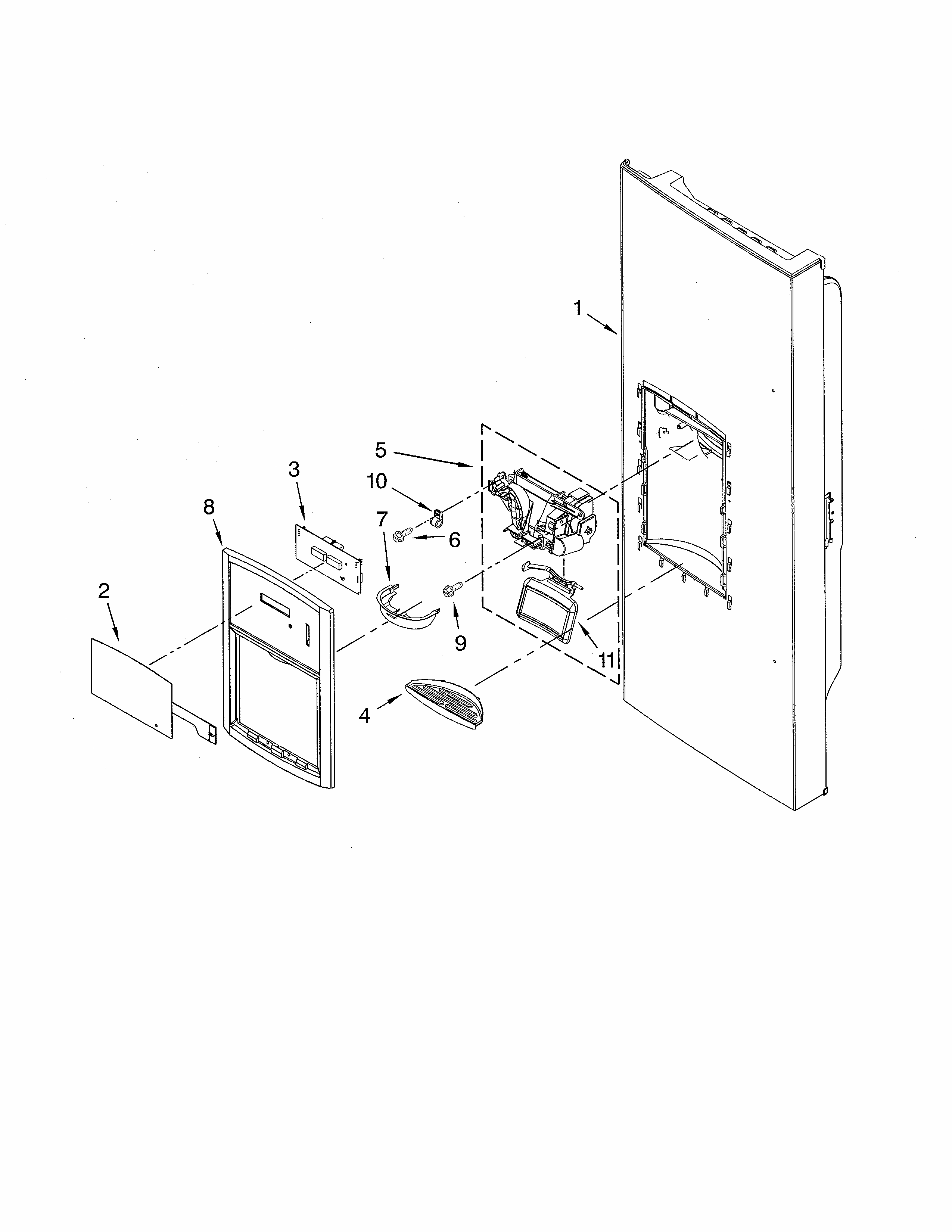 Dispenser Front Diagram and Parts List for 59679243014  Kenmore Refrigerator