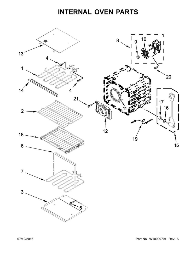 Internal Oven Parts Diagram and Parts List for KODE507EBS01  KitchenAid Wall Oven