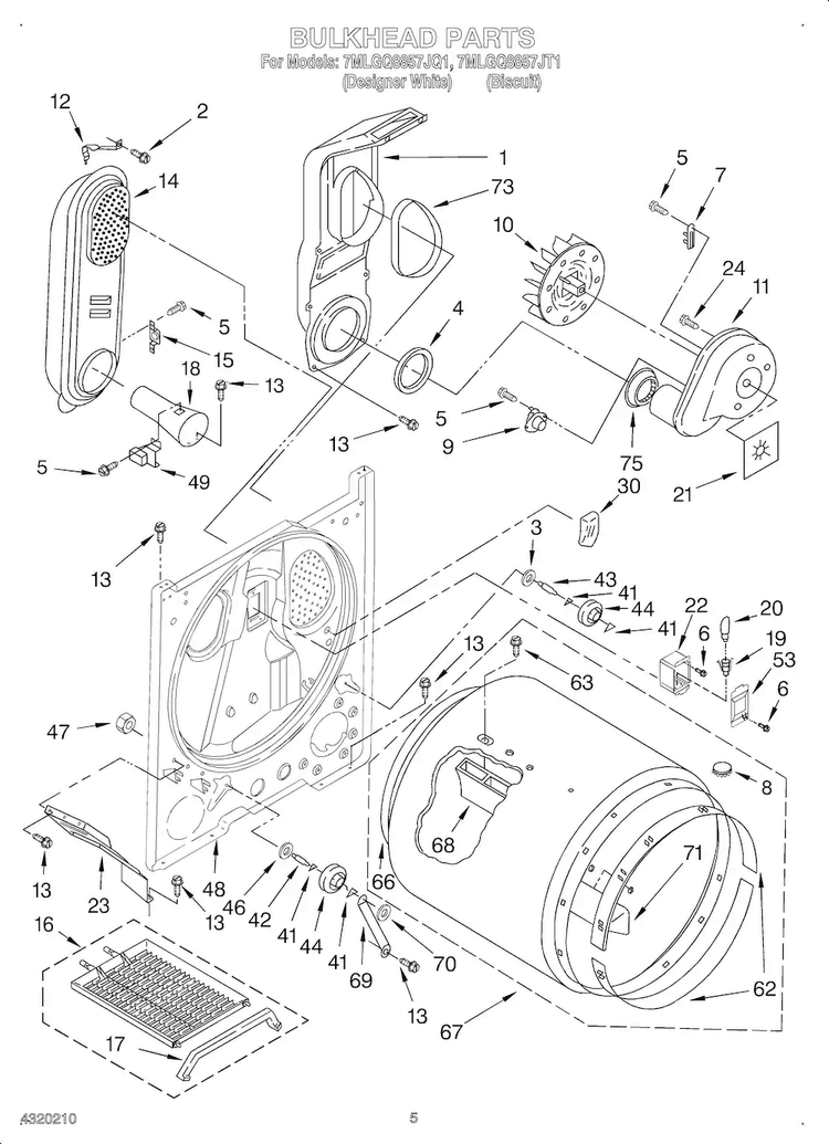 Bulkhead Diagram and Parts List for OEM3-7MLGQ8857JQ1  Whirlpool Dryer