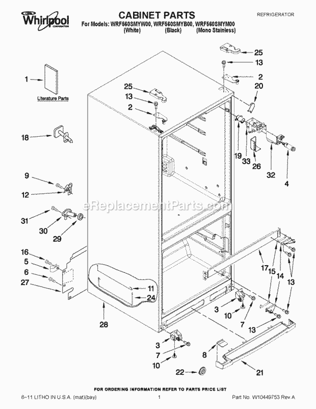 Cabinet Parts Diagram and Parts List for WRF560SMYB00  Whirlpool Refrigerator