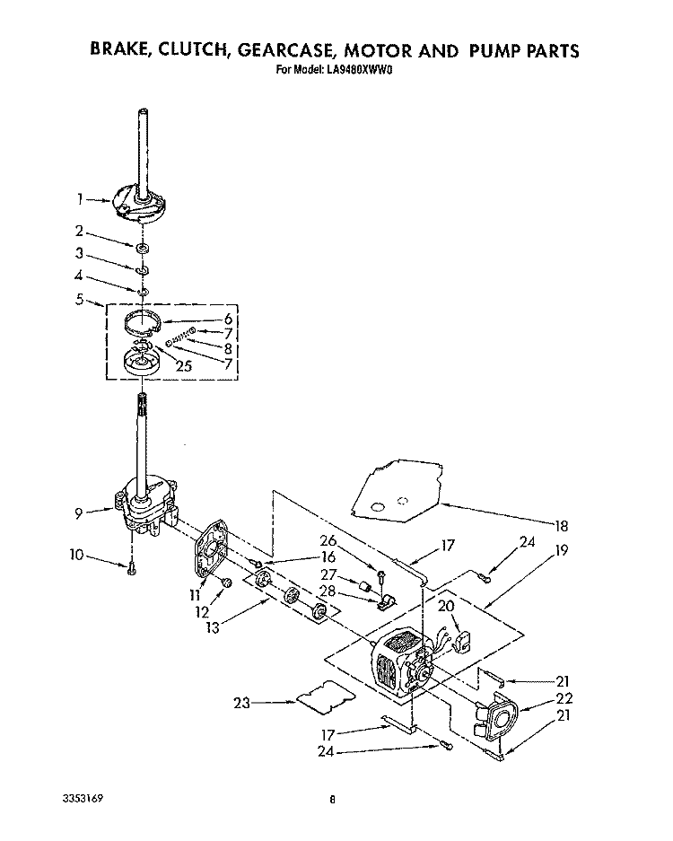 BRAKE, CLUTCH, GEARCASE, MOTOR AND PUMP Diagram and Parts List for LA9480XWG0  Whirlpool Washer