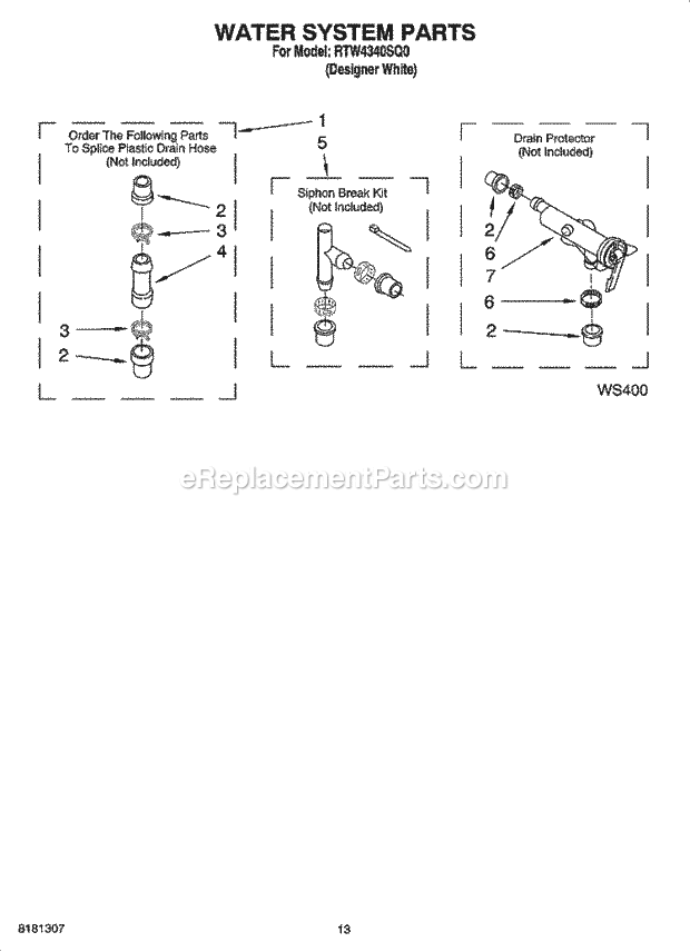 WATER SYSTEM PARTS, OPTIONAL PARTS (NOT INCLUDED) Diagram and Parts List for RTW4340SQ0  Roper Washer