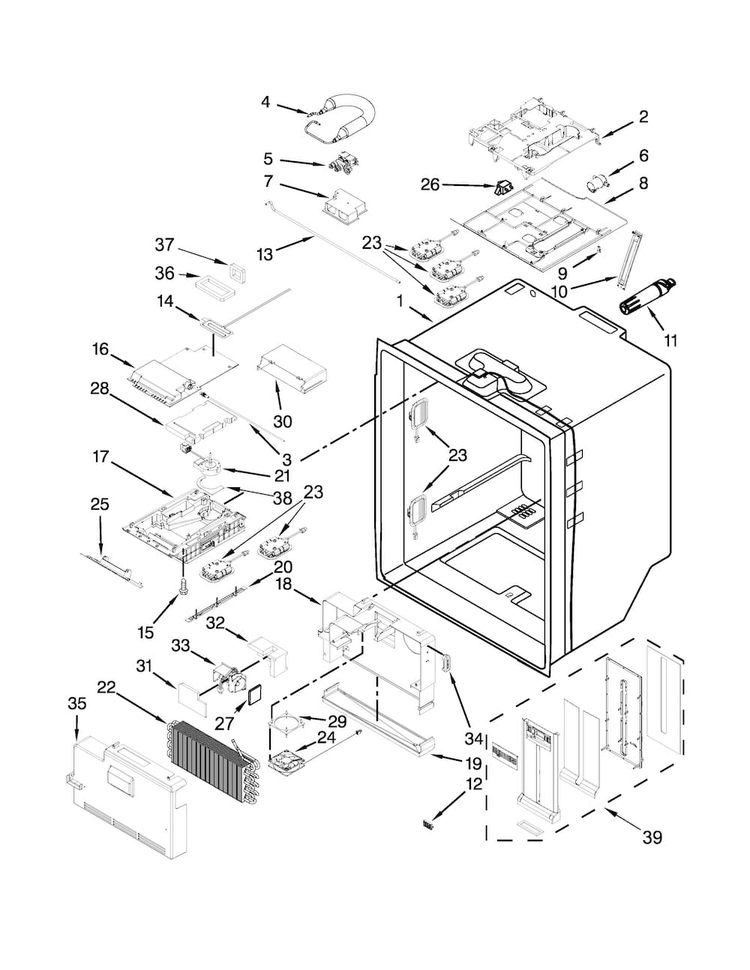 Refrigerator Liner Parts Diagram and Parts List for WRF991BOOM01  Whirlpool Refrigerator